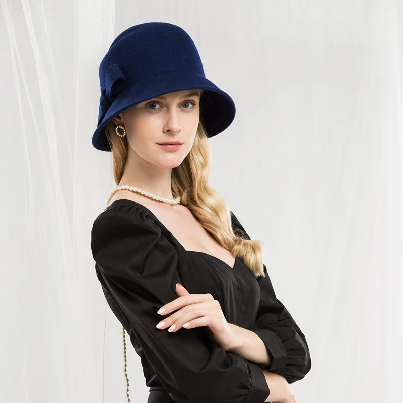 Lady Royal Navy Fedoras Hat Female Wool Bowler Dome Cap Adult  Fedora Hats Elegant Women Bowknot Chapeau Hats Elegant Hat A11