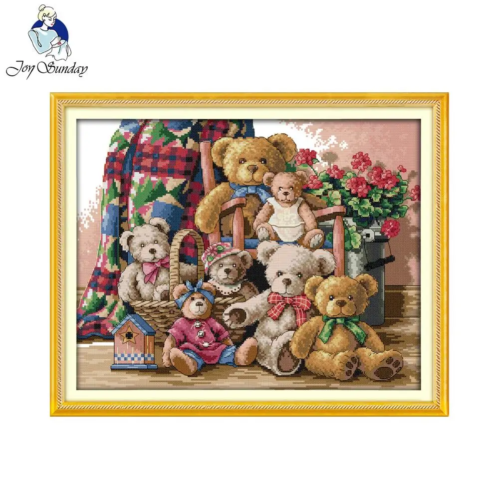 Joy sunday cartoon style Bear family stamped fabric cross stitch pattern needlepoint kits for home decoration