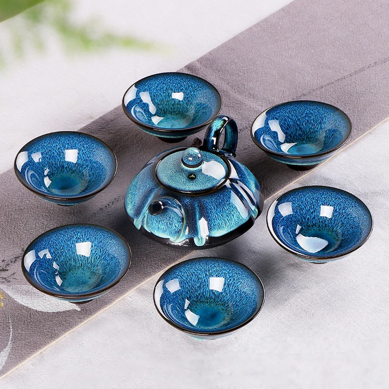 7Pcs/set Ceramics Chinese Kung Fu Teaware Set 1 Teapot 6 Cups Blue Amber Glaze Porcelain Home Office Tea Accessories Gaiwan