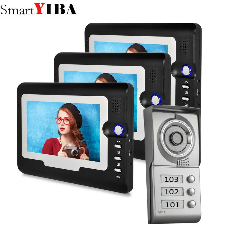 

SmartYIBA Apartment Intercom Entry System 3 Monitors Wired 7" Color Video Door Phone Video intercom System for 3 house