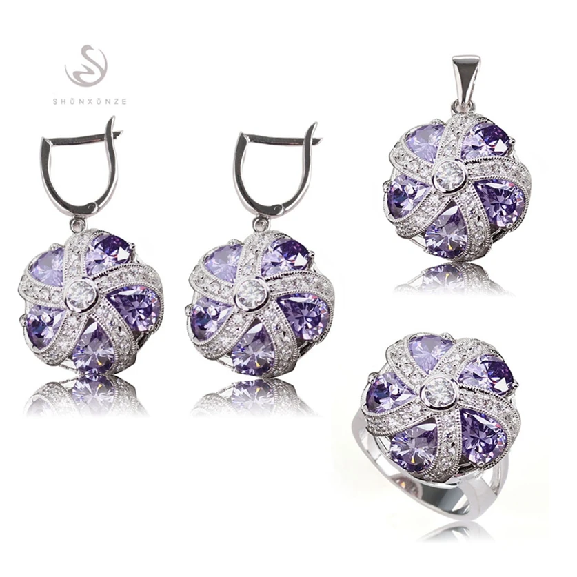 

Fleure Esme Pink Purple cubic zirconia women wedding jewelry sets(ring/earring/pendant) Rhodium Plated R449 R479set size 6 7 8 9