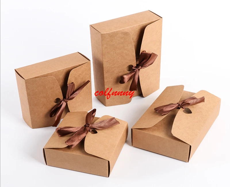 100pcsBlack/Brown Kraft Paper Boxes Baking Food Carton Box With bowknot Cookies Gift Boxes Mooncake Chocolate Packaging F051703