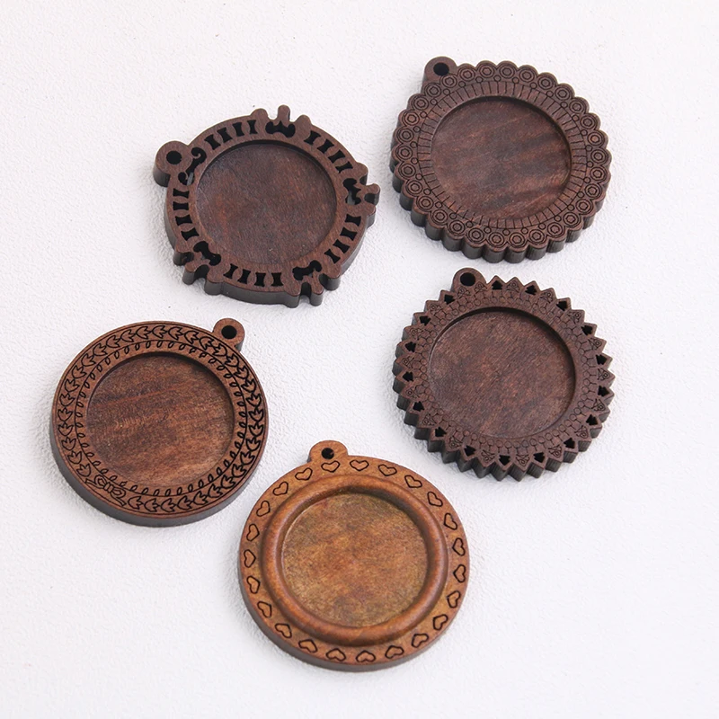 3pcs/lot Brown Wood Cabochon Settings 25mm Inner Size New Product 5 Style Round  Base Setting Charms Pendant Necklace Findings