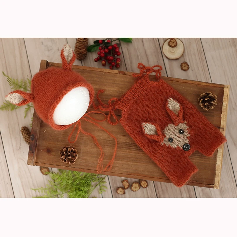 

Fluffy mohair Reindeer Bonnet Romper set Christmas Santa Claus Outfit Newborn Deer Overall hat photography props