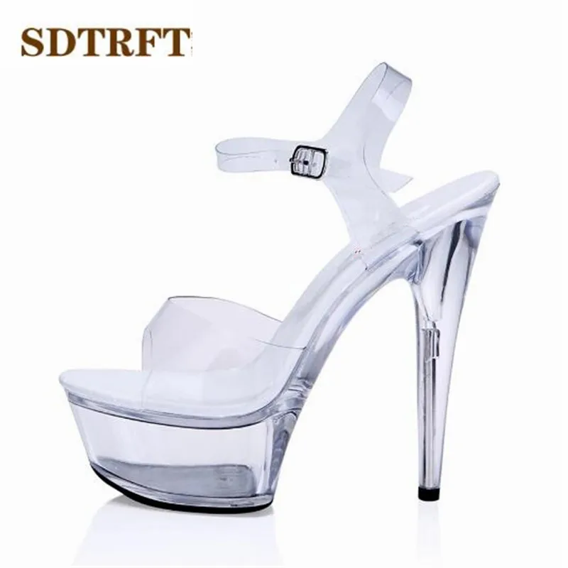 

SDTRFT Plus:34-44 Summer Ankle Strap sandals female sexy crystal shoes woman 15cm Thin High Heels transparent platform pumps