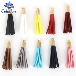 30 sztuk/partia 35mm Suede Tassel do pęku kluczy do telefonu komórkowego biżuteria Charms skórzane frędzle Plated złoty czapki Diy akcesoria