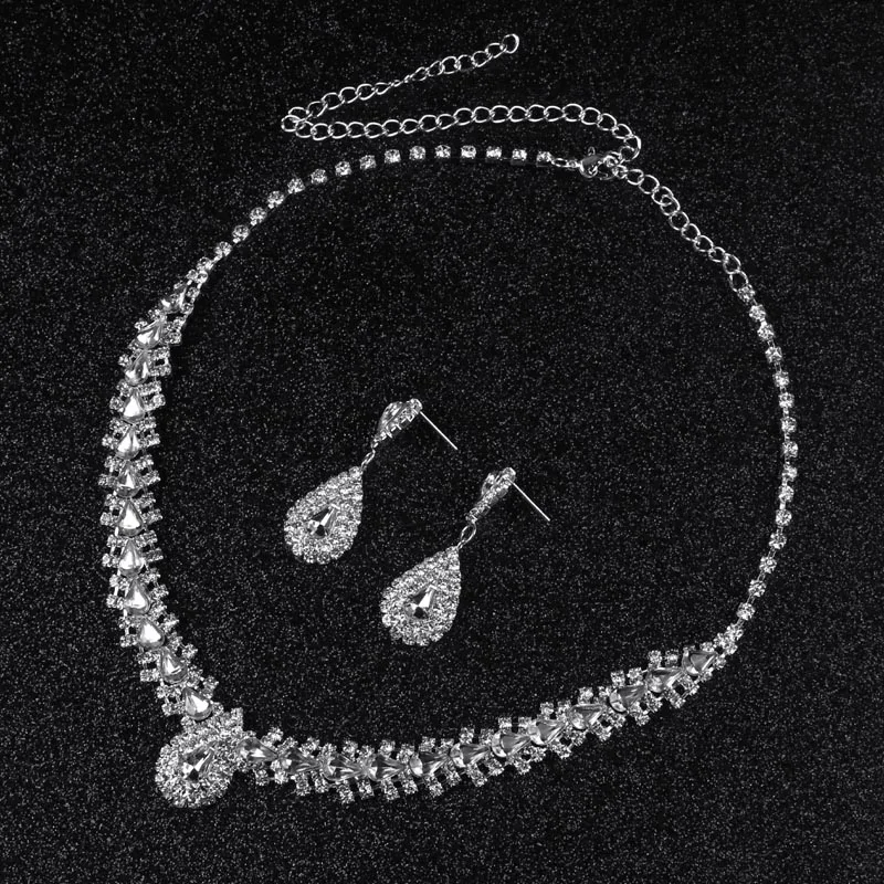 TREAZY Sparkling Rhinestone Crystal Teardrop Design Wedding Bridal Jewelry Set Silver Plated Women Choker Necklace Earrings Set