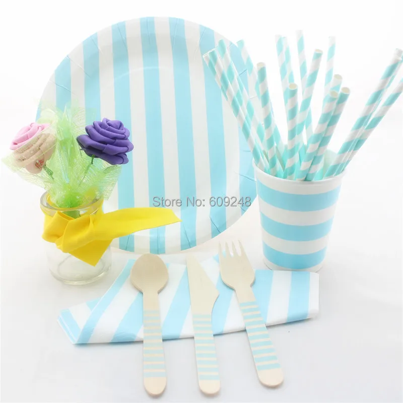 

Decorated Striped Light Blue Party Tableware Set,Birthday Wedding Baby Shower Wooden Utensils,Paper Straws,Napkins,Plates,Cups