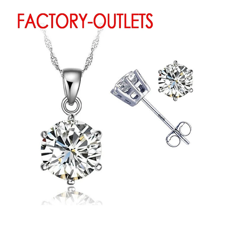 New Elegant 8 Colors Cubic Zirconia 925 Sterling Silver Jewelry Sets 6 Claws Stud Earring Pendant Necklace 18