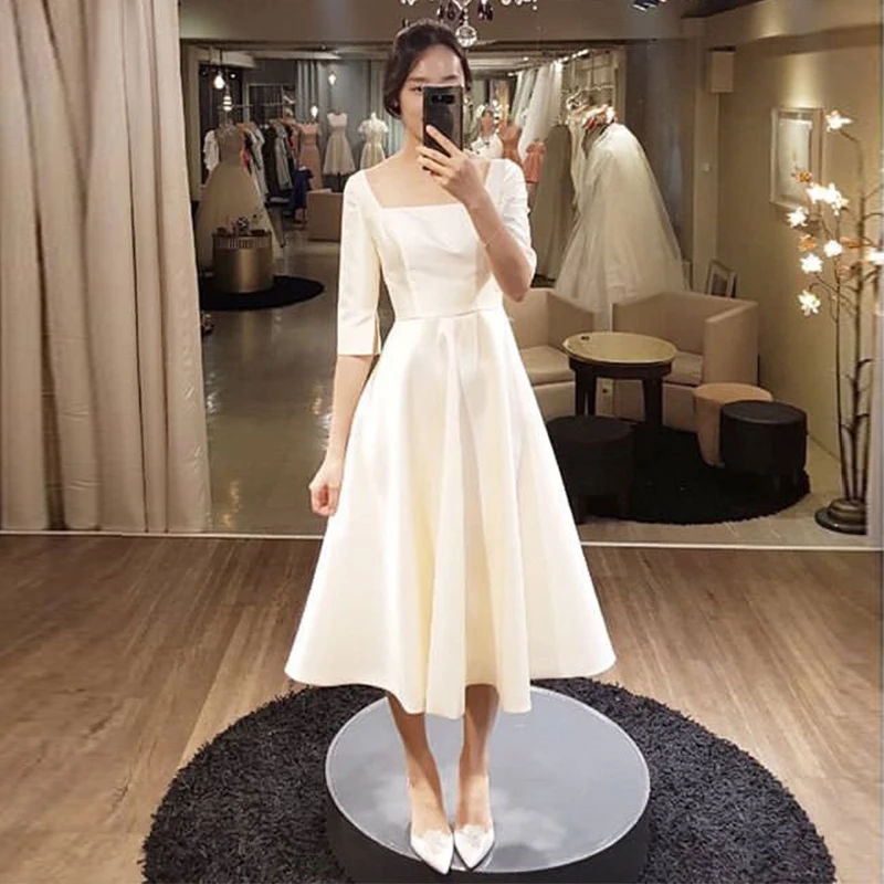 Simple Tea Length Wedding Dresses With Half Sleeves White Ivory Korea Bridal Dress Vestido De Novia Cheap A-line Wedding Gowns