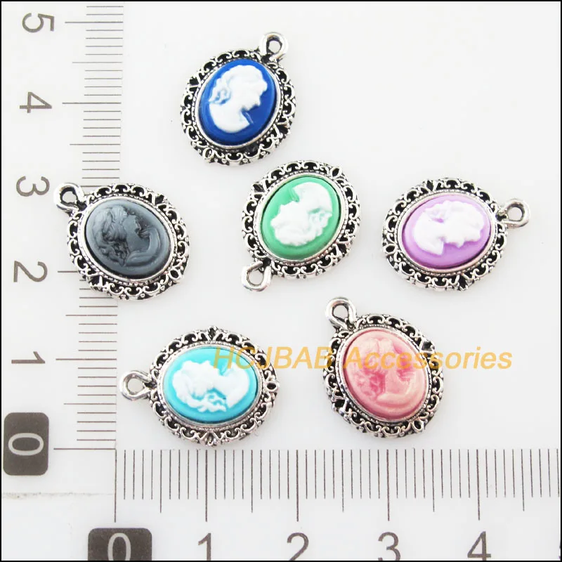 12Pcs Tibetan Silver Color Oval Beauty Mixed Resin Charms Pendants 13.5x18mm