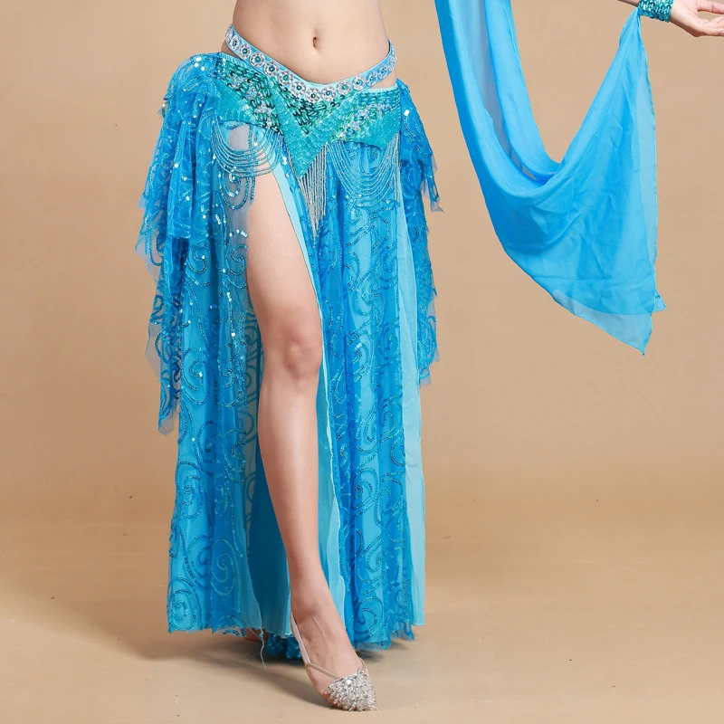 Women Belly Dance Clothes Full Circle Maxi Skirt Side Split Long Skirt Girls Belly Dance Skirts Sequins (without belt)