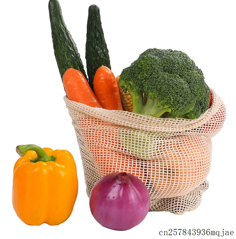 50 Pcs Cotton Vegetable Bags Fruit and Vegetable Storage Mesh Bags With Drawstring Washable Home Kitchen Storage Bag