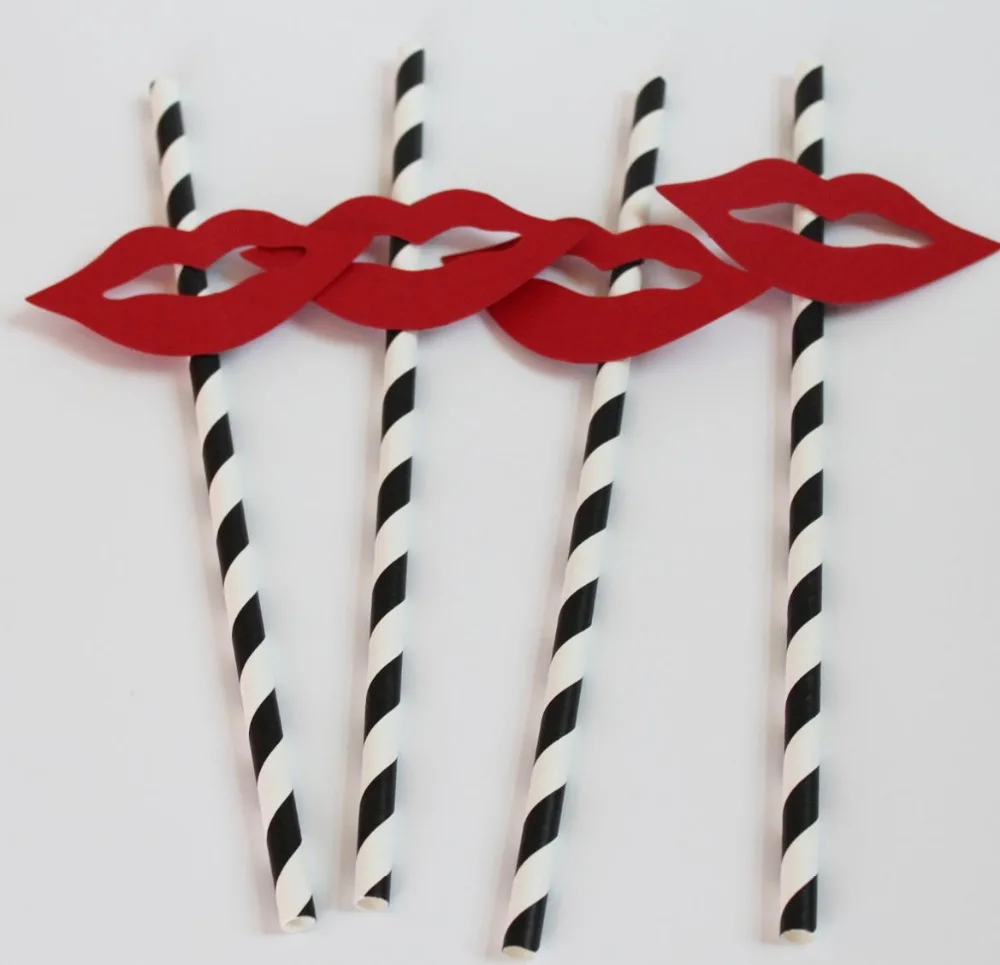

Bachelorette Party Decoration 25 Red Lips on Black Stripe Straws Hen night Decorated Paper Straws