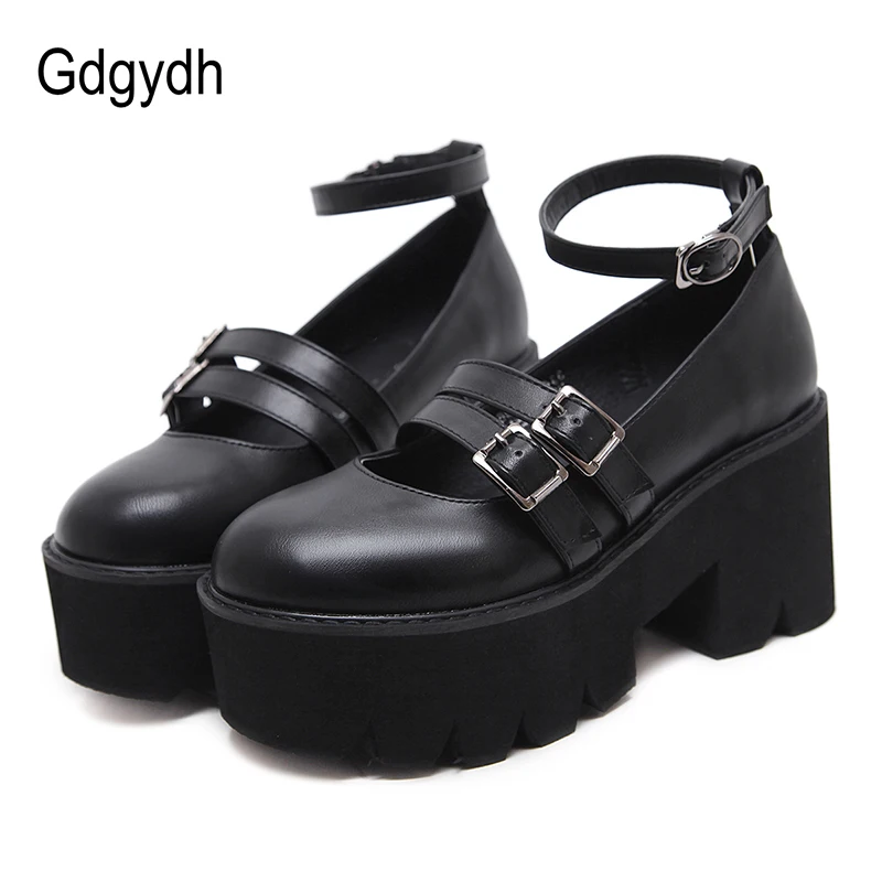 Gdgydh Womens Pump Gothic Shoes Ankle Strap High Chunky Heels Platform Punk Creepers Shoes Female Fashion Buckle Comfortable