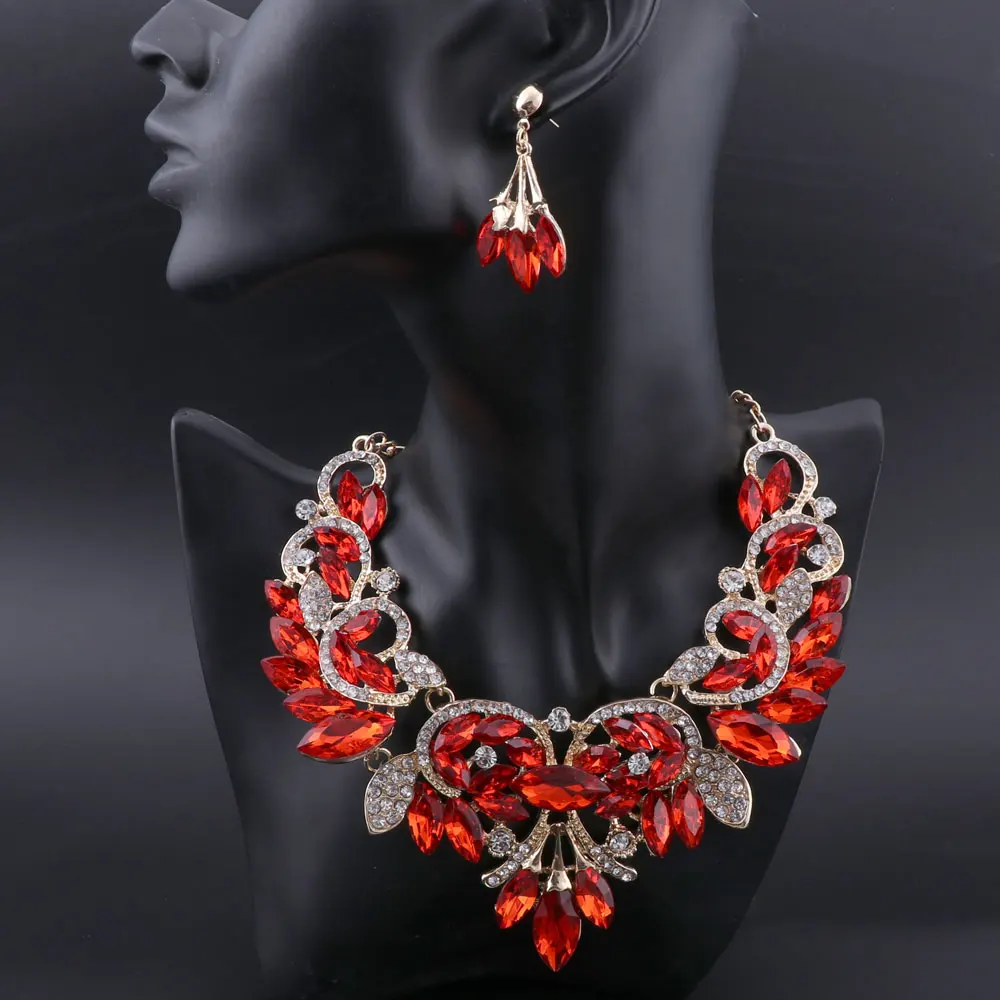 OEOEOS Red Crystal Statement Necklace Earrings Set Gold Color Jewelry Sets Indian Bridal Wedding Costume Jewellery for Women