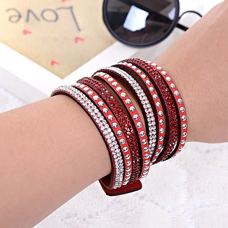 9 colors Ebay Hot Slake Deluxe Bracelet Rivet Multi-layer Wrap Austrian Crystal Leather Bracelet Bangles For Women