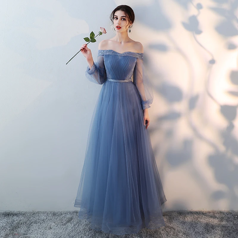 S0100 Nach Maß Schöne Stickerei Spitze Tüll Blau Lange Brautjungfer Kleider Frauen Prom Zeremonie Party Kleid Mädchen Formalen Kleid