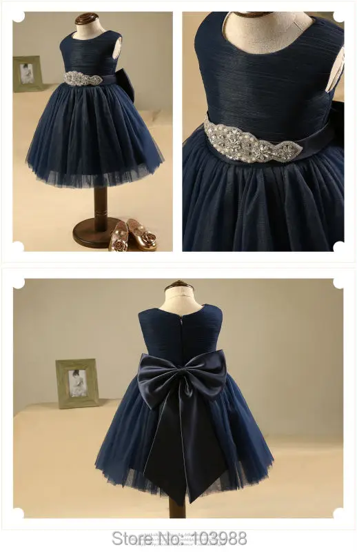 

Navy blue A line Flower Girl Dresses O-neck Beads Crystal Pageant Dress Kids Communion Gown bridesmaid wedding Birthday gift