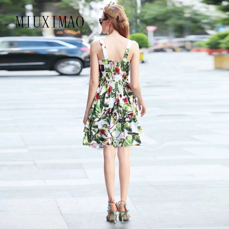 MIUXIMAO 2023  Spring & Summer Dress Fashion Square Collar Spaghetti Strap Sleeveless A-Line Print Slim Above Knee Dress Women