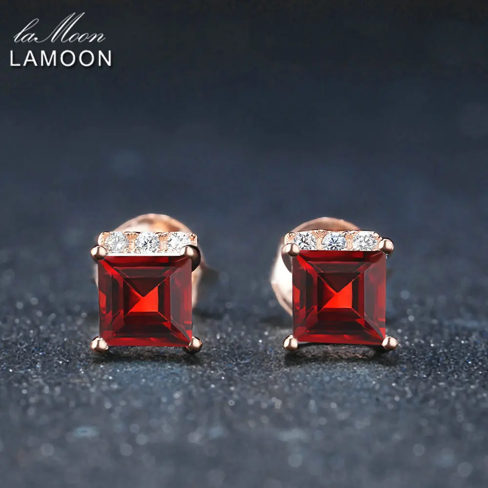 LAMOON Simple Style 4mm 100% Square Natural Red Garnet 925 sterling-silver-jewelry  Stud Earring S925 LMEI047