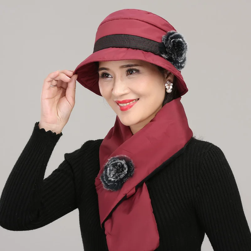 Women Fisherman Hat Autumn Winter Middle Age Female Elegant Warm Cap Mother Christmas Gift Hats Soft Comfortable Scarf H7168