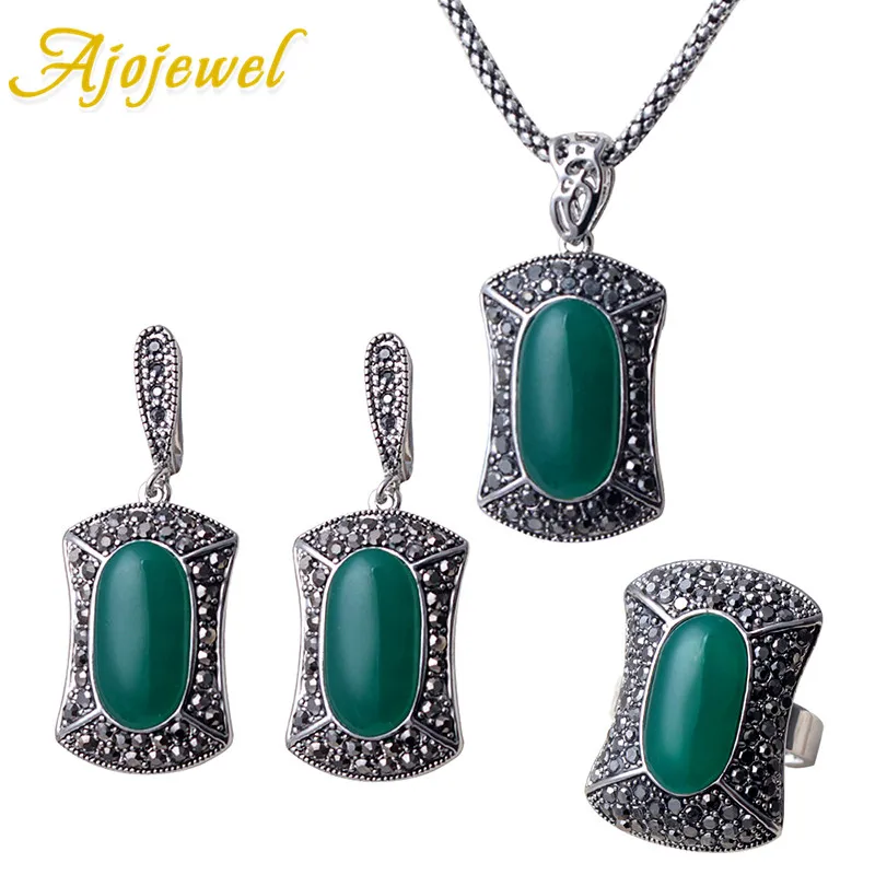 Ajojewel 3 Colors Square Resin Stone Jewelry Sets For Women Vintage Pendant Necklace Earrings Ring Size 7,8,9 Bijoux Femme