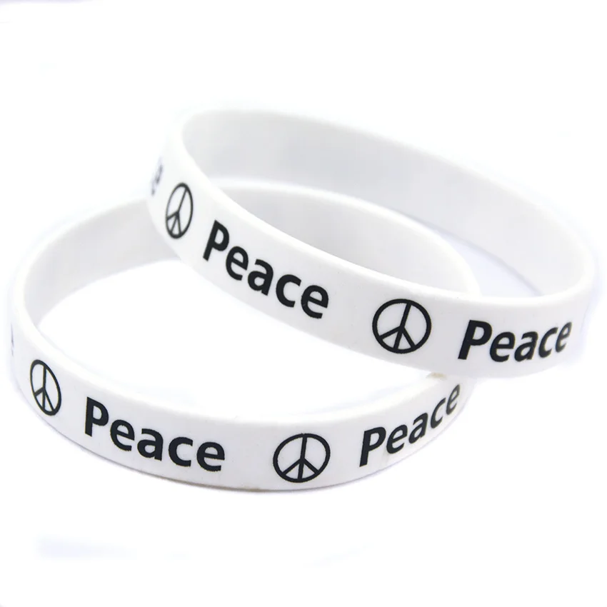 1-teiliges Peace-Armband aus Silikonkautschuk mit bedrucktem Logo in Regenbogenfarben in Schwarz und Weiß – Detail 2