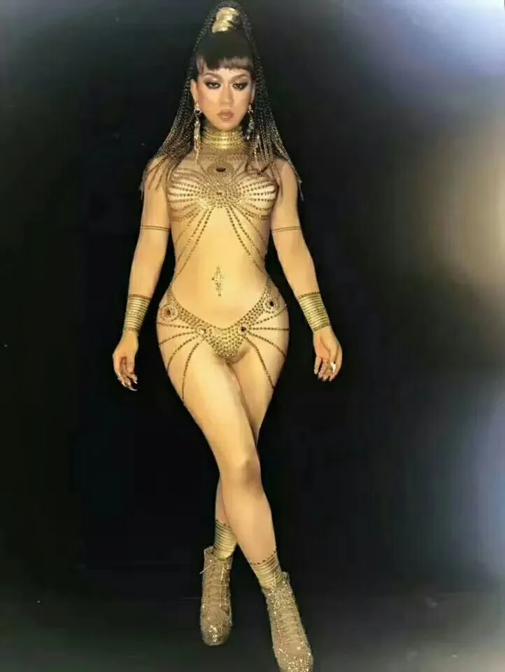 Women Sexy Stage Sparkly Jumpsuits Gold Crystals Sexy Women Rompers Stage Show Wear Birthday Celebrate Party Prom Costume Outfit