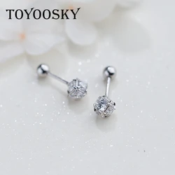 TOYOOSKY New Cute Small Round AAA CZ Ball 925 Sterling Silver Screw Stud Earrings For Women Girls Kids Piercing Jewelry Orecchin