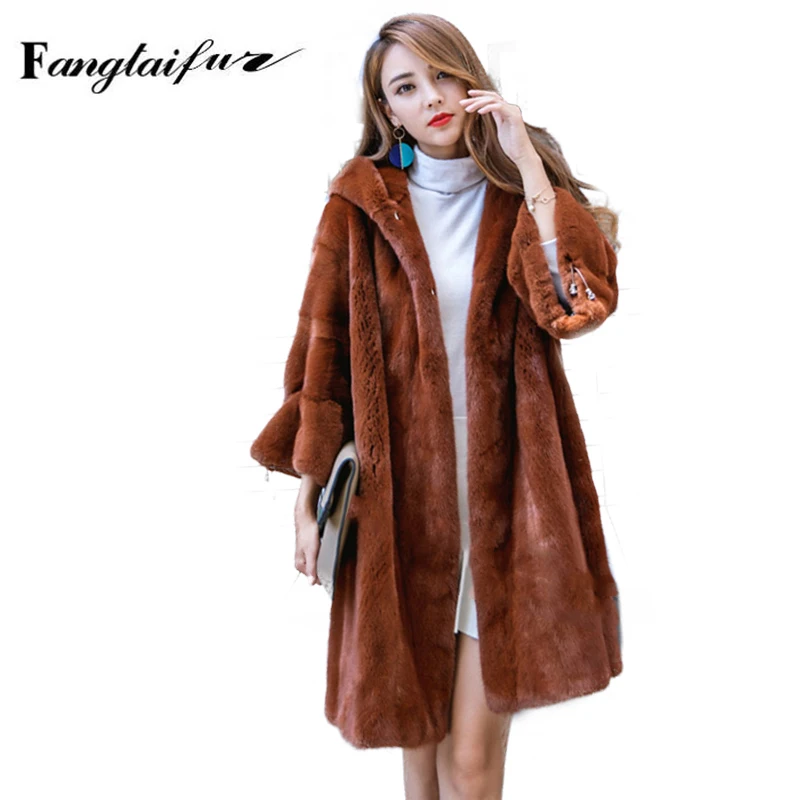 Ftangaiur Winter Import Velvet Mink Coats With Fur Hood Full Lantern Sleeve Mink Coat Women's Medium Real Mink Fur Coats