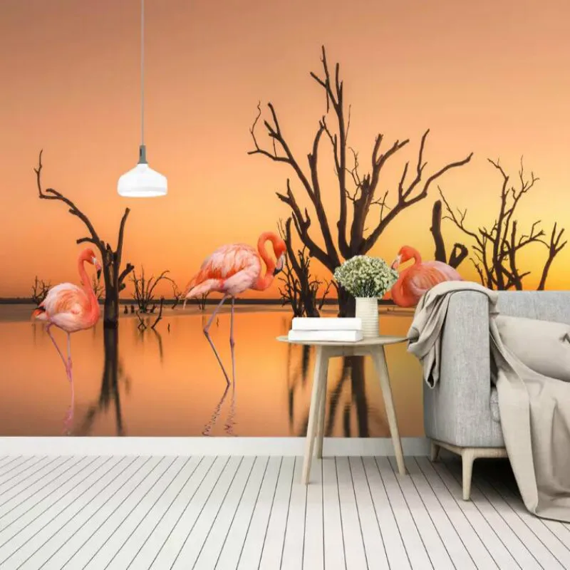 

Sunset lake dead tree flamingo background Wallpaper for walls Bar KTV background Modern Wallpaper Painting Mural Silk Paper