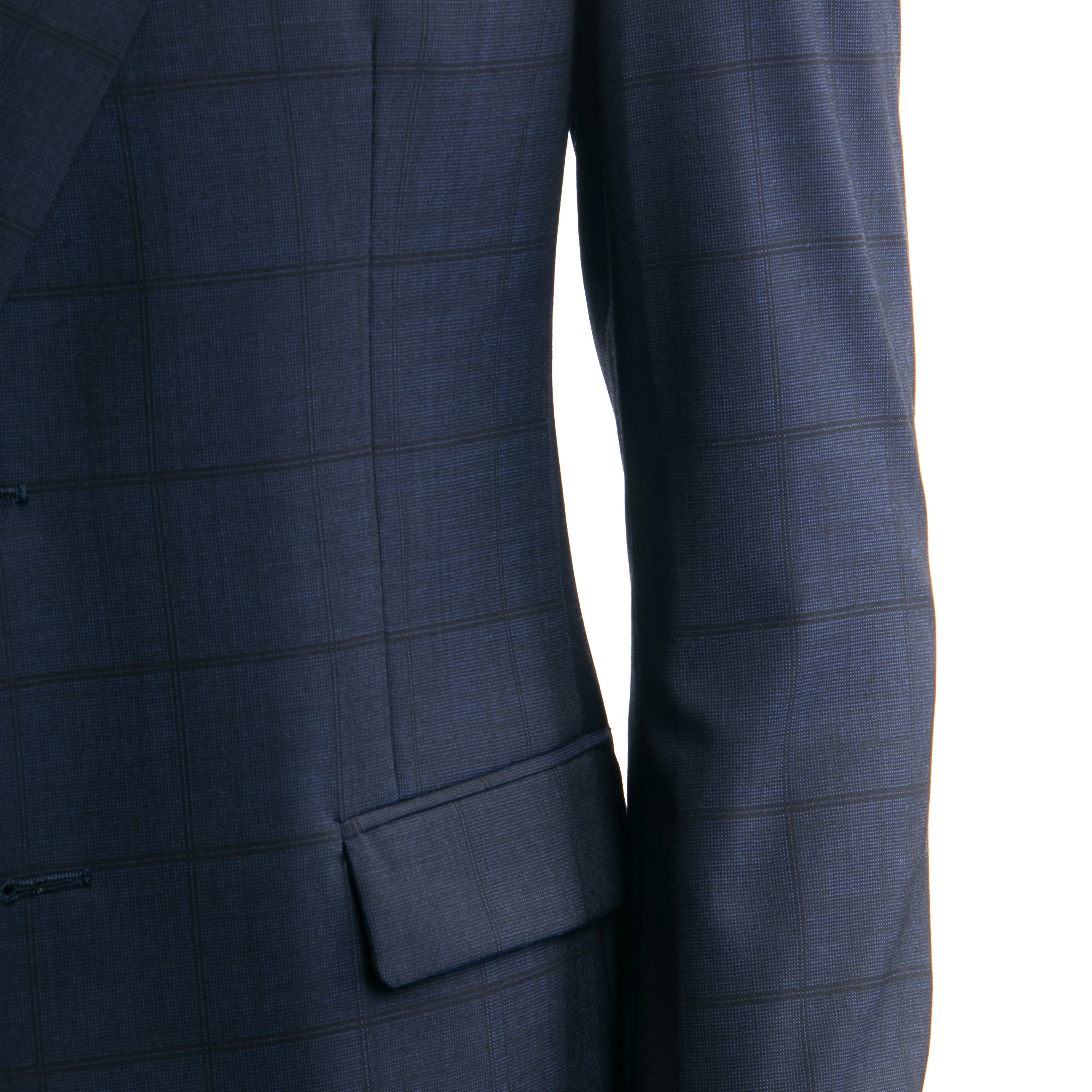 Smart Casual Navy Plaid Suit Custom Made Slim Fit Dark Blue Patterned Suits With Nailhead Pattern, Subtle Plaid Wool Blend Suit