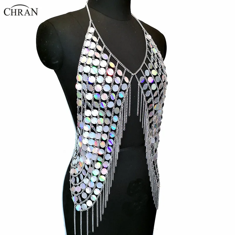 Chran New Sexy Spark Vest Summer Mermaid Crop Tops Tassel Halter Necklaces Bikini Wear Sequin Womens Party Jewelry Accessories