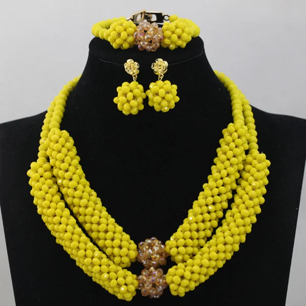 Trendy 2 Layers Yellow Chunky African Crystal Beads Jewelry Set Fashion Pendant Statement Necklace Set Free ShippingABL795