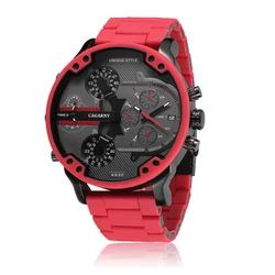 Cagarny-reloj analógico de cuarzo para hombre, accesorio de pulsera de cuarzo resistente al agua con calendario, complemento deportivo Masculino de marca de lujo con diseño militar y esfera grande de silicona roja, modelo D7370