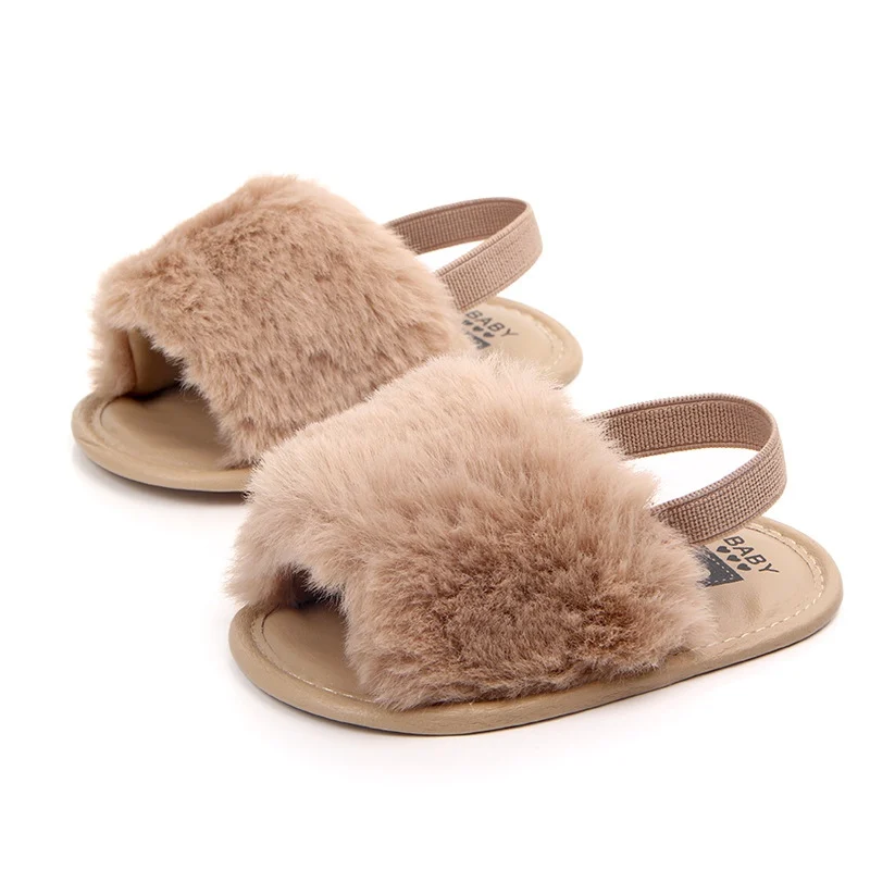 Summer Soft Hair Style Classic Baby Girl Slipper Sandals Breathable Baby Fur Shoes Simple Elastic Sandals Princess Baby