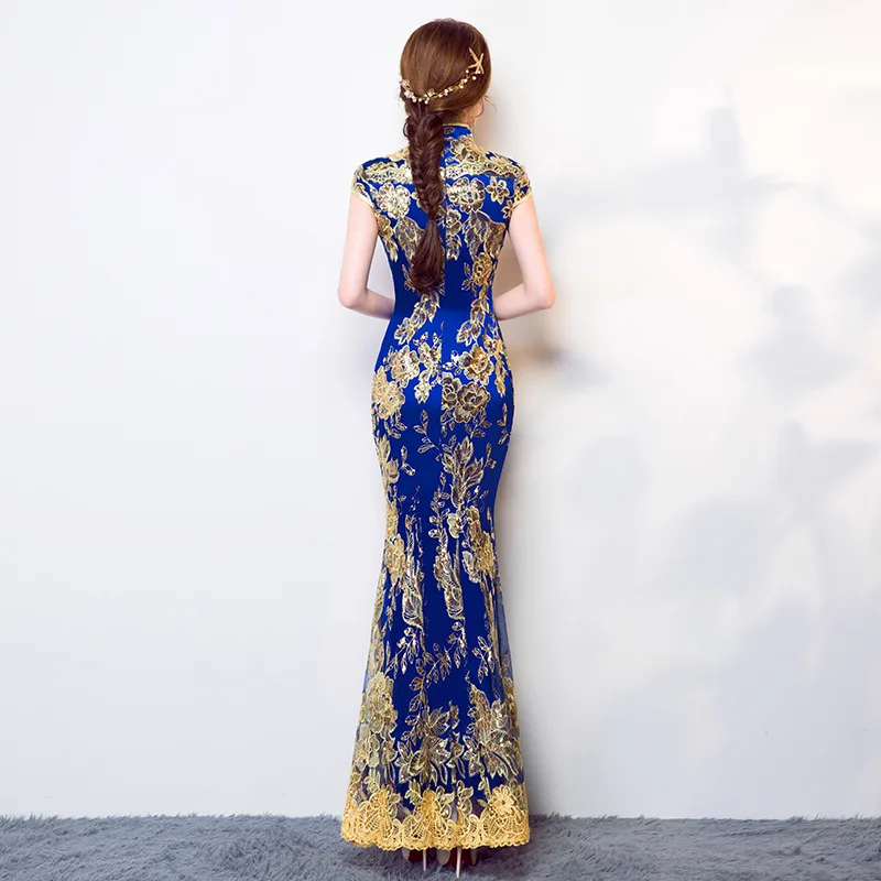 Blauwe bruiloft cheongsam oosterse avondjurk Chinese traditionele dames elegante qipao sexy kant lang gewaad retro vestido