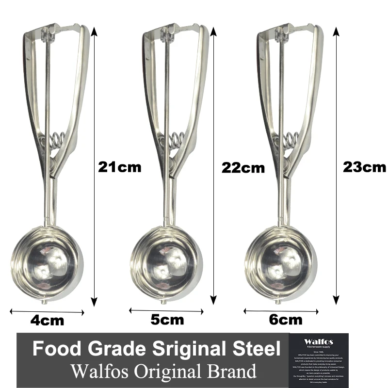 WALFOS 4CM 5CM 6CM Kitchen Ice Cream Mash Potato Scoop Food Grade Stainless Steel Spoon Spring Handle Kitchen Accessories