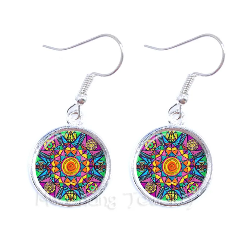 Handmade Buddhism Earrings Art Glass Dome Vintage Neon Blue Pink Purple Green Mandala Boho Glass Gem Drop Earrings