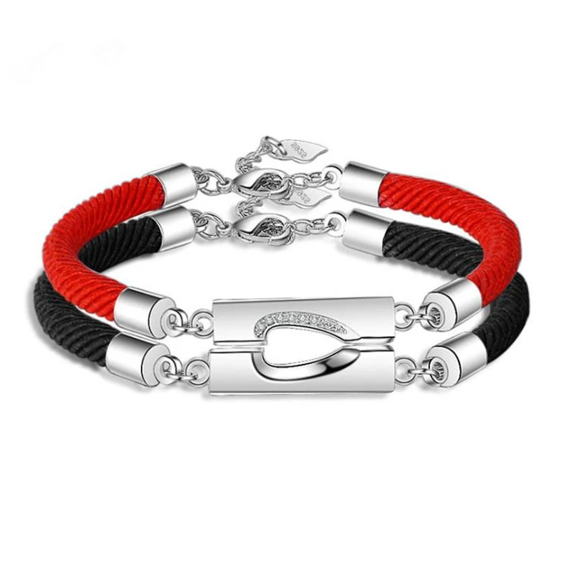 KOFSAC New Fashion Silver 925 Bracelets For Women Men Couple Lovers Shiny CZ Love Heart Pendant Jewelry Black Red Rope Bracelet