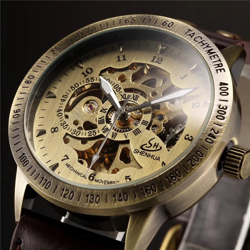 SHENHUA Bracelet Watch Bronze Automatic Skeleton Mechanical Watch Men Steampunk Retro Analog Wristwatches Horloges Mannen