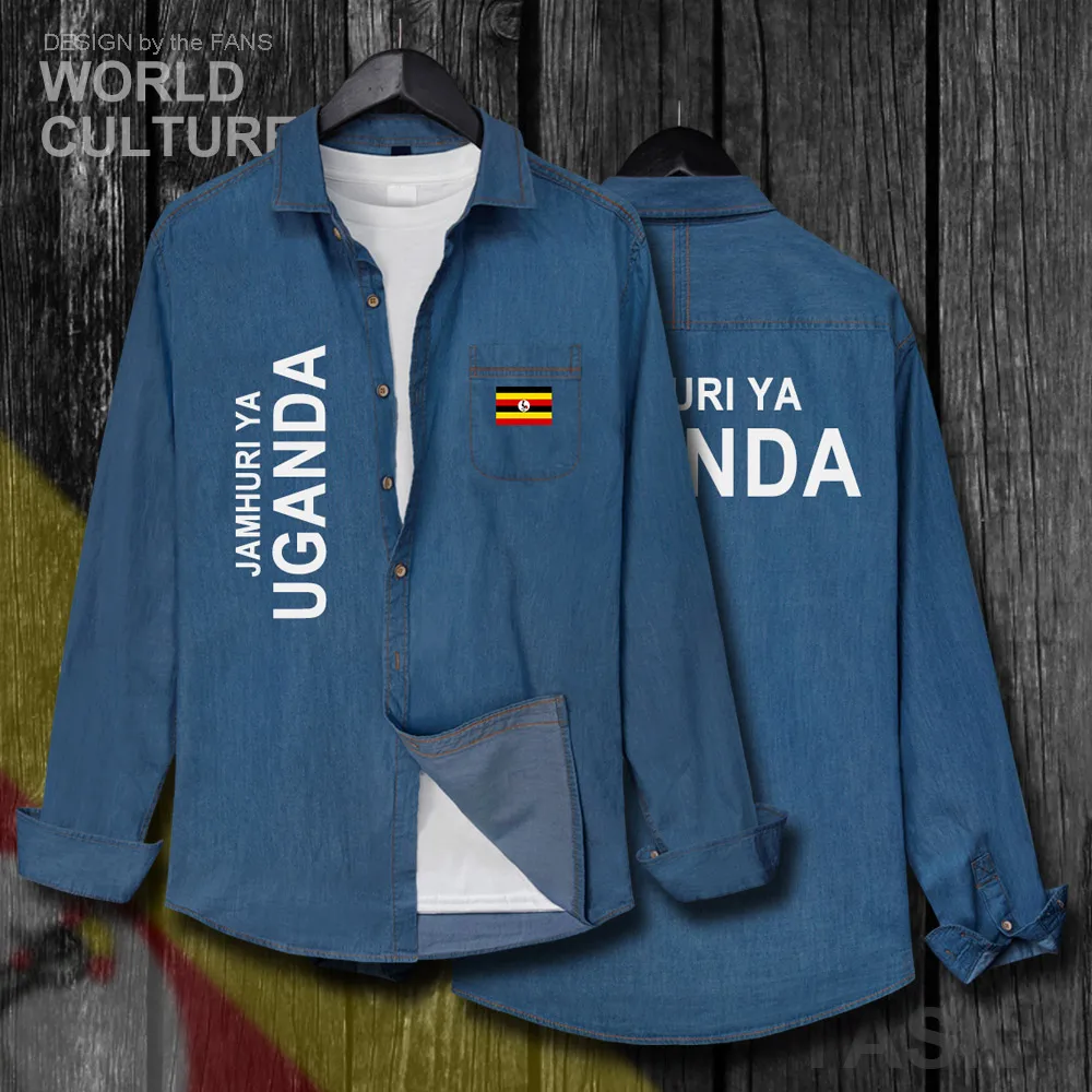 

Uganda Ugandan UGA Men new fashion clothes Spring Autumn Cotton Turn-down Collar Jeans Shirt Long Sleeve Cowboy Coat Flags Top