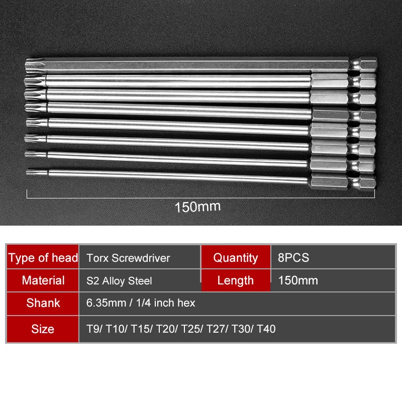 

HOEN 8Pcs 8 Sizes Electric 150mm Long 1/4 Inch Hex Shank Magnetic Torx Screwdriver Bits Set T9 T10 T15 T20 T25 T27 T30 T40