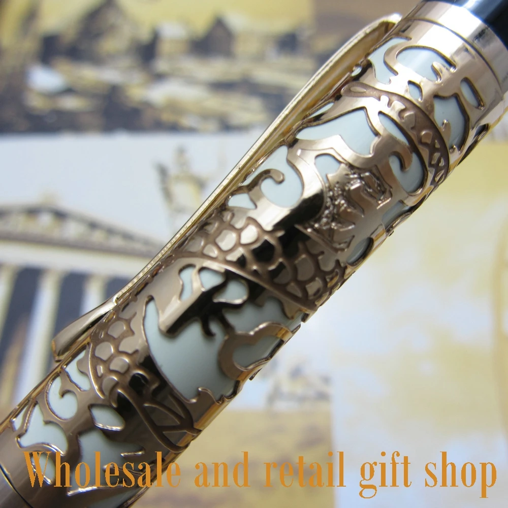 perfect Kim Ho celluloid pen engraved of Gold and white roller pen+pen bag