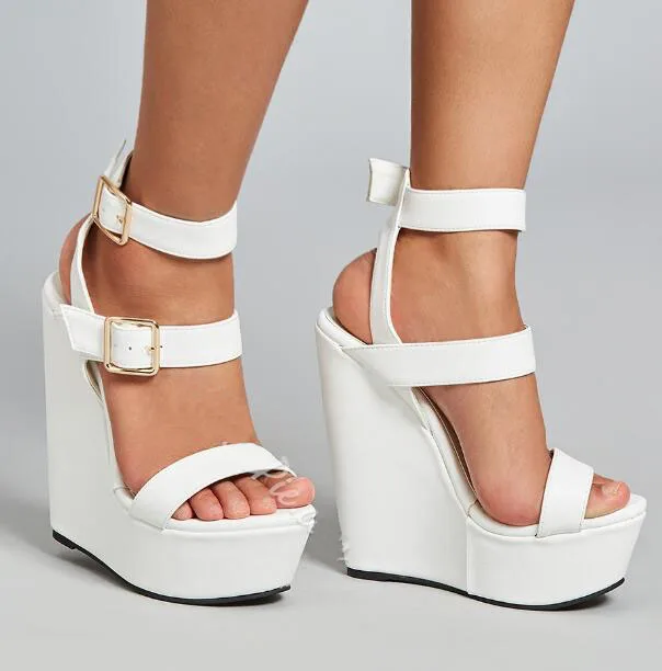 

Carpaton White Leather Platform Wedge Sandals Sexy Open Toe Ankle Strap Woman Shoes Summer Cutouts Gladiator Sandals