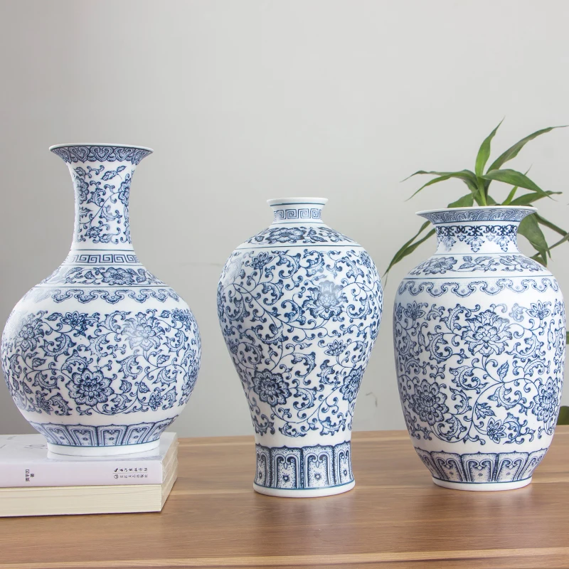 No Glazed Blue and White Porcelain Vases Interlocking Lotus Design Flower Ceramic Vase Home Decoration Jingdezhen Flower Vases