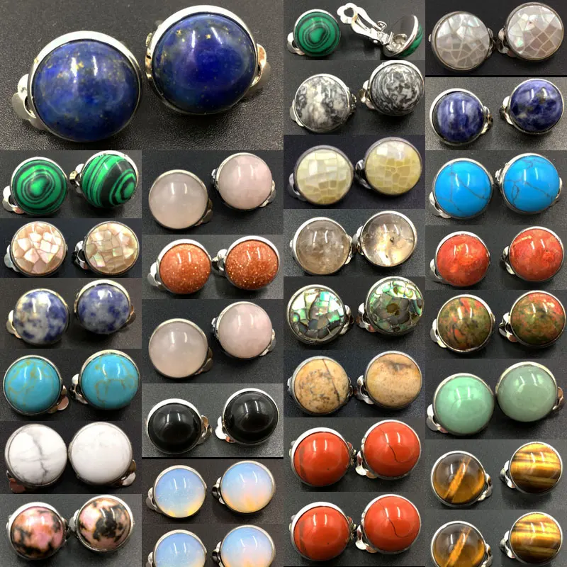 Tiger Eye Lapis Lazuli Malachite Aventurine Opal Howlite Crystal Unakite Jaspe Abalone Shell Art Oval Clip Earring  WB659