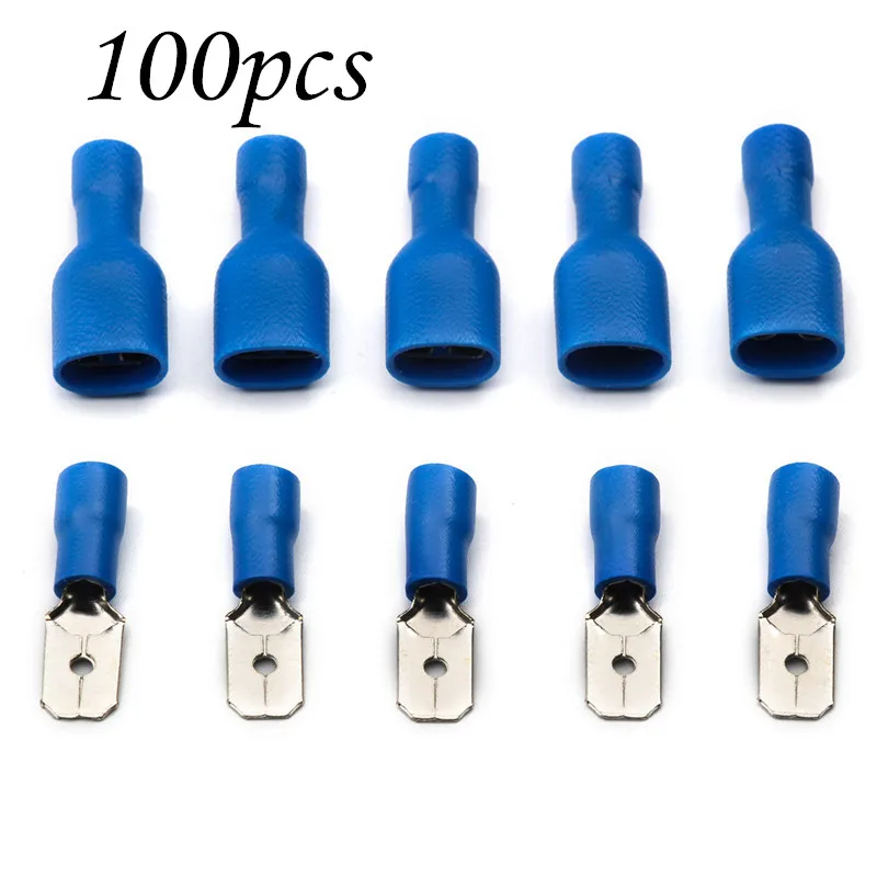 100Pcs FDFD2-250 MDD2-250 Blue Crimp Terminal Female + Male Spade Insulated Electrical Connectors Wiring Cable Plug 1.5-2.5mm2