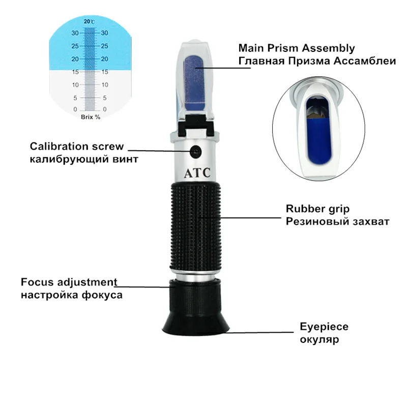 Brix Refractometer Hand held Sugar Level Test Meter Food Fruit Beverages Brix Content Homebrew Tool with ATC/Brix Range 0~32%